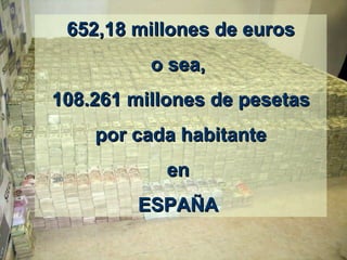 652,18 millones de euros o sea,   108.261 millones de pesetas por cada habitante  en  ESPAÑA  