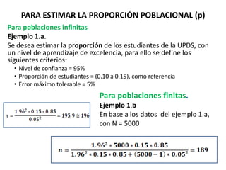 PARA ESTIMAR LA PROPORCIÓN POBLACIONAL (p)
Para poblaciones infinitas
Ejemplo 1.a.
Se desea estimar la proporción de los estudiantes de la UPDS, con
un nivel de aprendizaje de excelencia, para ello se define los
siguientes criterios:
• Nivel de confianza = 95%
• Proporción de estudiantes = (0.10 a 0.15), como referencia
• Error máximo tolerable = 5%
Para poblaciones finitas.
Ejemplo 1.b
En base a los datos del ejemplo 1.a,
con N = 5000
 