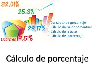 Cálculo de porcentaje
• Concepto de porcentaje
• Cálculo del valor porcentual
• Cálculo de la base
• Cálculo del porcentaje
Licarcres
 