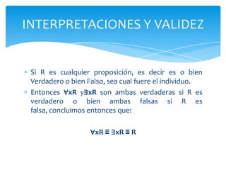 Por lo tanto se puede concluir que:∀y Q(x, y ) es falsa para todo x, no existe un x para el cual ∀y Q(x, y ) sea verdadero y consiguientemente: ∃x∀y Q(x, y ) es falso a efectos de la interpretación dada. Fin del ejemplo.INTERPRETACIONES Y VALIDEZ