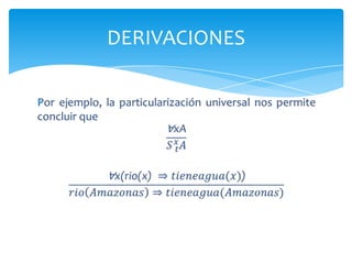 Más formalmente si, x representa una variable, t representa un término y A representa una expresión, entonces la expresión siguiente debería ser válida.∀xA⇒𝑆𝑡𝑥𝐴La validez de esta expresión deriva de la definición de ∀x: si A es cierto para todo x, entonces debe ser cierto para x=t.  DERIVACIONES