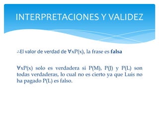 ∴El valor de verdad de ∀xP(x), la frase es falsa∀xP(x) solo es verdadera si P(M), P(J) y P(L) son todas verdaderas, lo cual no es cierto ya que Luis no ha pagado P(L) es falso.INTERPRETACIONES Y VALIDEZ