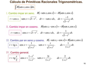 Cálculo de Primitivas Racionales Trigonométricas.

 Rsen x, cos xdx.
I. Cambio impar en seno. R sen x, cos x    Rsen x, cos x .

t  cos x. sen x  1  t . dt   sen x dx, dx 

1

2

II. Cambio impar en coseno.

1 t

2

dt.

Rsen x, cos x   Rsen x, cos x .

t  sen x. cos x  1  t 2 . dt  cos x dx, dx 

1
1 t

2

dt.

III. Cambio par en seno y coseno. R sen x, cos x   Rsen x, cos x .

t  tg x. cos x 

1
1 t 2

, sen x 

t
1 t 2

.

dx 

1
dt.
2
1 t

IV. Cambio general.

x
1 t 2
2t
t  tg . cos x 
, sen x 
.
2
2
2
1 t
1 t

dx 

2
dt.
2
1 t
16

 
