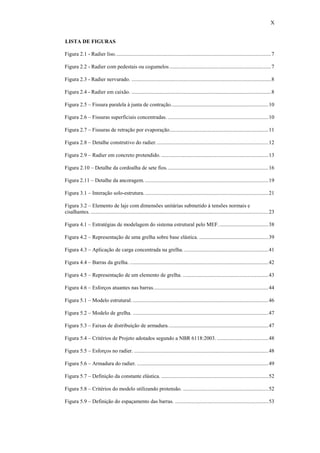 X
LISTA DE FIGURAS
Figura 2.1 - Radier liso...................................................................................................................7
Figura 2.2 - Radier com pedestais ou cogumelos...........................................................................7
Figura 2.3 - Radier nervurado. .......................................................................................................8
Figura 2.4 - Radier em caixão. .......................................................................................................8
Figura 2.5 – Fissura paralela à junta de contração........................................................................10
Figura 2.6 – Fissuras superficiais concentradas. ..........................................................................10
Figura 2.7 – Fissuras de retração por evaporação.........................................................................11
Figura 2.8 – Detalhe construtivo do radier...................................................................................12
Figura 2.9 – Radier em concreto protendido. ...............................................................................13
Figura 2.10 – Detalhe da cordoalha de sete fios...........................................................................16
Figura 2.11 – Detalhe da ancoragem............................................................................................19
Figura 3.1 – Interação solo-estrutura............................................................................................21
Figura 3.2 – Elemento de laje com dimensões unitárias submetido à tensões normais e
cisalhantes. ...................................................................................................................................23
Figura 4.1 – Estratégias de modelagem do sistema estrutural pelo MEF.....................................38
Figura 4.2 – Representação de uma grelha sobre base elástica. ...................................................39
Figura 4.3 – Aplicação de carga concentrada na grelha. ..............................................................41
Figura 4.4 – Barras da grelha. ......................................................................................................42
Figura 4.5 – Representação de um elemento de grelha. ...............................................................43
Figura 4.6 – Esforços atuantes nas barras.....................................................................................44
Figura 5.1 – Modelo estrutural. ....................................................................................................46
Figura 5.2 – Modelo de grelha. ....................................................................................................47
Figura 5.3 – Faixas de distribuição de armadura..........................................................................47
Figura 5.4 – Critérios de Projeto adotados segundo a NBR 6118:2003. ......................................48
Figura 5.5 – Esforços no radier. ...................................................................................................48
Figura 5.6 – Armadura do radier. .................................................................................................49
Figura 5.7 – Definição da constante elástica. ...............................................................................52
Figura 5.8 – Critérios do modelo utilizando protensão. ...............................................................52
Figura 5.9 – Definição do espaçamento das barras. .....................................................................53
 