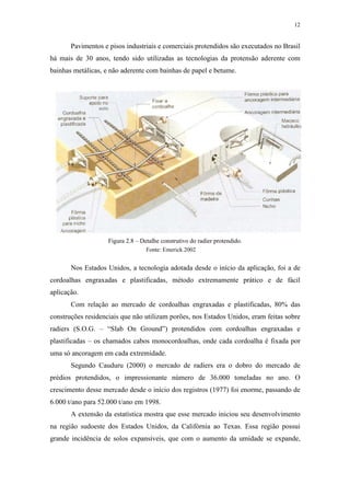 12
Pavimentos e pisos industriais e comerciais protendidos são executados no Brasil
há mais de 30 anos, tendo sido utilizadas as tecnologias da protensão aderente com
bainhas metálicas, e não aderente com bainhas de papel e betume.
Figura 2.8 – Detalhe construtivo do radier protendido.
Nos Estados Unidos, a tecnologia adotada desde o início da aplicação, foi a de
cordoalhas engraxadas e plastificadas, método extremamente prático e de fácil
aplicação.
Com relação ao mercado de cordoalhas engraxadas e plastificadas, 80% das
construções residenciais que não utilizam porões, nos Estados Unidos, eram feitas sobre
radiers (S.O.G. – “Slab On Ground”) protendidos com cordoalhas engraxadas e
plastificadas – os chamados cabos monocordoalhas, onde cada cordoalha é fixada por
uma só ancoragem em cada extremidade.
Segundo Cauduru (2000) o mercado de radiers era o dobro do mercado de
prédios protendidos, o impressionante número de 36.000 toneladas no ano. O
crescimento desse mercado desde o início dos registros (1977) foi enorme, passando de
6.000 t/ano para 52.000 t/ano em 1998.
A extensão da estatística mostra que esse mercado iniciou seu desenvolvimento
na região sudoeste dos Estados Unidos, da Califórnia ao Texas. Essa região possui
grande incidência de solos expansíveis, que com o aumento da umidade se expande,
Fonte: Emerick 2002
 