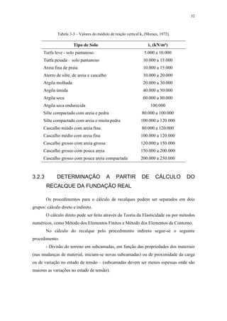 32
Tabela 3-3 – Valores do módulo de reação vertical ks (Moraes, 1972).
Tipo de Solo ks (kN/m³)
Turfa leve - solo pantanoso 5.000 a 10.000
Turfa pesada – solo pantanoso 10.000 a 15.000
Areia fina de praia 10.000 a 15.000
Aterro de silte, de areia e cascalho 10.000 a 20.000
Argila molhada 20.000 a 30.000
Argila úmida 40.000 a 50.000
Argila seca 60.000 a 80.000
Argila seca endurecida 100.000
Silte compactado com areia e pedra 80.000 a 100.000
Silte compactado com areia e muita pedra 100.000 a 120.000
Cascalho miúdo com areia fina 80.000 a 120.000
Cascalho médio com areia fina 100.000 a 120.000
Cascalho grosso com areia grossa 120.000 a 150.000
Cascalho grosso com pouca areia 150.000 a 200.000
Cascalho grosso com pouca areia compactada 200.000 a 250.000
3.2.3 DETERMINAÇÃO A PARTIR DE CÁLCULO DO
RECALQUE DA FUNDAÇÃO REAL
Os procedimentos para o cálculo de recalques podem ser separados em dois
grupos: cálculo direto e indireto.
O cálculo direto pode ser feito através da Teoria da Elasticidade ou por métodos
numéricos, como Método dos Elementos Finitos e Método dos Elementos de Contorno.
No cálculo do recalque pelo procedimento indireto segue-se o seguinte
procedimento:
- Divisão do terreno em subcamadas, em função das propriedades dos materiais
(nas mudanças de material, iniciam-se novas subcamadas) ou de proximidade da carga
ou de variação no estado de tensão – (subcamadas devem ser menos espessas onde são
maiores as variações no estado de tensão).
 
