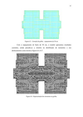 61
Figura 6.5 – Geração da grelha – espaçamento de 30 cm.
Com o espaçamento de barra de 30 cm, o modelo apresentou resultados
coerentes, aonde percebe-se a simetria na distribuição de momentos e nos
deslocamentos como mostra a figura 6.6 e 6.7.
Figura 6.6 - Representação dos momentos na grelha.
 