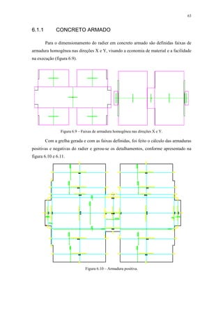 63
6.1.1 CONCRETO ARMADO
Para o dimensionamento do radier em concreto armado são definidas faixas de
armadura homogênea nas direções X e Y, visando a economia de material e a facilidade
na execução (figura 6.9).
Figura 6.9 – Faixas de armadura homogênea nas direções X e Y.
Com a grelha gerada e com as faixas definidas, foi feito o cálculo das armaduras
positivas e negativas do radier e gerou-se os detalhamentos, conforme apresentado na
figura 6.10 e 6.11.
Figura 6.10 – Armadura positiva.
 