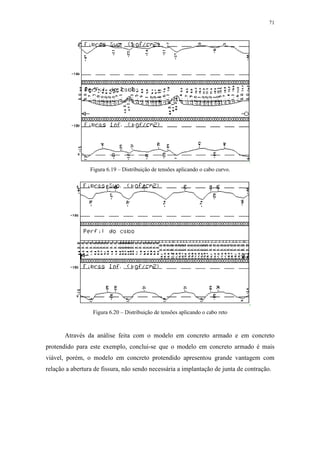 71
Figura 6.19 – Distribuição de tensões aplicando o cabo curvo.
Figura 6.20 – Distribuição de tensões aplicando o cabo reto
Através da análise feita com o modelo em concreto armado e em concreto
protendido para este exemplo, conclui-se que o modelo em concreto armado é mais
viável, porém, o modelo em concreto protendido apresentou grande vantagem com
relação a abertura de fissura, não sendo necessária a implantação de junta de contração.
 