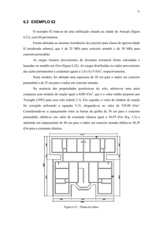 72
6.2 EXEMPLO 02
O exemplo 02 trata-se de uma edificação situada na cidade de Aracajú (figura
6.21), com 04 pavimentos.
Foram adotadas as mesmas resistências do concreto para classe de agressividade
II (moderada urbana), que é de 25 MPa para concreto armado e de 30 MPa para
concreto protendido.
As cargas lineares provenientes da alvenaria estrutural foram calculadas e
lançadas no modelo em tf/m (figura 6.22). As cargas distribuídas no radier provenientes
das ações permanentes e acidentais iguais a 1,0 e 0,15 tf/m2
, respectivamente.
Neste modelo, foi adotada uma espessura de 20 cm para o radier em concreto
protendido e de 25 cm para o radier em concreto armado.
Na ausência das propriedades geotécnicas do solo, adotou-se uma areia
compacta com módulo de reação igual a 4200 tf/m3
, que é o valor médio proposto por
Terzaghi (1995) para esse solo (tabela 3.1). Em seguida, o valor do módulo de reação
foi corrigido utilizando a equação 3.12, chegando-se ao valor de 339,98 tf/m³.
Considerando-se o espaçamento entre as barras da grelha de 30 cm para o concreto
protendido, obtém-se um valor de constante elástica igual a 30,59 tf/m (Eq. 3.3) e
adotando um espaçamento de 40 cm para o radier em concreto armado obtêm-se 54,39
tf/m para a constante elástica.
Figura 6.21 – Planta do radier.
 