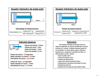 Atuador hidráulico de dupla ação
A B
Velocidade de deslocamento:
Curso
6][cmÁrea
[l/min]Vazão
]Área [cm100
s]/Vazão [cm
s]/[mVelocidade
22
3
×
=
×
=
Atuador hidráulico de dupla ação
Tempo de deslocamento:
A B
1000[l/min]Vazão
6[mm]Curso][cmÁrea
/s]Vazão [cm
]Volume [cm
Tempo [s]
2
3
3
×
××
==
Cálculos básicos
A B
Volume de avanço: 2 litros
Volume de recuo: 1 litro
Vazão da bomba: 1 l/min
Curso do atuador: 50 cm
Tempo de avanço: segundos
Vazão induzida no avanço: l/min
Velocidade de avanço: m/min
Tempo de recuo: segundos
Vazão induzida no recuo: l/min
Velocidade de recuo: m/min
120
0,5
0,25
60
2
0,5
Exercício
Um elevador hidráulico automotivo deve ser
capaz de suspender um veículo de 2500 kgf a 2 metros
de altura em 1 minuto. O cilindro elevador possui 30
cm de diâmetro. O motor elétrico opera a 1660 rpm.
Supondo que o rendimento volumétrico de 92% e o
hidromecânico de 89%, calcule:
Área do pistão (cm2);
Volume do atuador (cm3);
Pressão do sistema (bar);
Vazão real e teórica da bomba (l/min);
Deslocamento volumétrico da bomba (cm3/rot);
Rendimento total (%);
Potência (CV) e torque do motor elétrico (Nm).
 