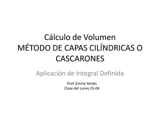 Cálculo de Volumen
MÉTODO DE CAPAS CILÍNDRICAS O
CASCARONES
Aplicación de Integral Definida
Prof. Emma Yendis
Clase del Lunes 25-04
 