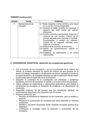 TEMARIO (continuación)
Unidad Temas Subtemas
5 Aplicaciones de la
derivada.
5.1 Recta tangente y recta normal a una curva
en un punto. Curvas ortogonales.
5.2 Teorema de Rolle, teorema de Lagrange o
teorema del valor medio del cálculo
diferencial.
5.3 Función creciente y decreciente. Máximos y
mínimos de una función. Criterio de la
primera derivada para máximos y mínimos.
Concavidades y puntos de inflexión.
Criterio de la segunda derivada para
máximos y mínimos.
5.4 Análisis de la variación de funciones
5.5 Cálculo de aproximaciones usando la
diferencial.
5.6 Problemas de optimización y de tasas
relacionadas.
8.- SUGERENCIAS DIDÁCTICAS (desarrollo de competencias genéricas)
• Con el dominio de los conceptos y con el conocimiento de la historia del
cálculo, el profesor abordará los temas de manera tal que propicie en el
alumno el trabajo cooperativo y la aplicación de dichos conceptos a través de
la experimentación y el modelado logrando con ello la realización de las tareas
programadas para el desarrollo de la competencia.
• Despertar la curiosidad de la investigación con anécdotas o problemas
hipotéticos con el fin de acrecentar el sentido y la actitud crítica del estudiante.
• Utilizar software de matemáticas y calculadoras graficadoras para facilitar la
comprensión de conceptos, la resolución de problemas y la interpretación de
resultados.
• Desarrollar prácticas de tal manera que los estudiantes apliquen los
conocimientos adquiridos y los relacionen con su carrera.
• Proponer problemas que:
o Permitan al estudiante la integración de los contenidos, para su análisis y
solución.
o Refuercen la comprensión de conceptos que serán utilizados en materias
posteriores.
o Modelen y resuelvan situaciones reales mediante conceptos propios de la
asignatura.
o Contribuyan a investigar sobre la extensión y profundidad de los
conceptos.
 