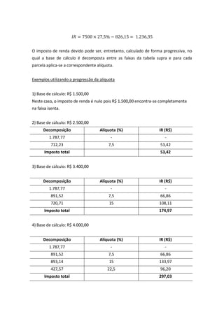 O imposto de renda devido pode ser, entretanto, calculado de forma progressiva, no
qual a base de cálculo é decomposta entre as faixas da tabela supra e para cada
parcela aplica-se a correspondente alíquota.
Exemplos utilizando a progressão da alíquota
1) Base de cálculo: R$ 1.500,00
Neste caso, o imposto de renda é nulo pois R$ 1.500,00 encontra-se completamente
na faixa isenta.
2) Base de cálculo: R$ 2.500,00
Decomposição Alíquota (%) IR (R$)
1.787,77 - -
712,23 7,5 53,42
Imposto total 53,42
3) Base de cálculo: R$ 3.400,00
Decomposição Alíquota (%) IR (R$)
1.787,77 - -
891,52 7,5 66,86
720,71 15 108,11
Imposto total 174,97
4) Base de cálculo: R$ 4.000,00
Decomposição Alíquota (%) IR (R$)
1.787,77 - -
891,52 7,5 66,86
893,14 15 133,97
427,57 22,5 96,20
Imposto total 297,03
 