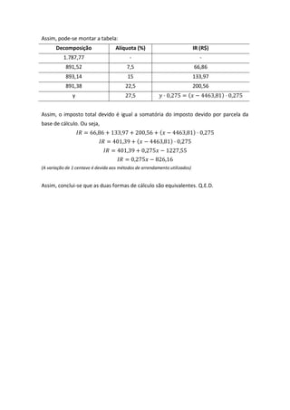Assim, pode-se montar a tabela:
Decomposição Alíquota (%) IR (R$)
1.787,77 - -
891,52 7,5 66,86
893,14 15 133,97
891,38 22,5 200,56
y 27,5 ( )
Assim, o imposto total devido é igual a somatória do imposto devido por parcela da
base de cálculo. Ou seja,
( )
( )
(A variação de 1 centavo é devida aos métodos de arrendamento utilizados)
Assim, conclui-se que as duas formas de cálculo são equivalentes. Q.E.D.
 