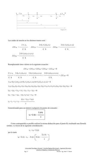 A     iA                 C                 D                                                 iB     B
                                                                                          E

                           40m                      40m            60m         50m                 50m
                                            i1                i2                              i3


                          l1

                                   l2

                                                                    l3

                                                                         l

                                                                                                         F ig u r a 1 2




 Las caídas de tensión en los distintos tramos será :

                        2 11 iA                             2 (l2-11) (iA-i1)                  2 (l3-12) (iA-i1-i2)
            UAC    = -------------                  UCD = --------------------         UDE = ------------------------
                         C S                                      C S                                C S

                     2 (l-13) (iA-i1-i2-i3)
           UEB     = ------------------------
                           C S


 Reemplazando éstos valores en la siguiente ecuación :

                                 UAC + UCD + UDE + UEB =                         UAB = 0

  2 11 iA 2 (l2-11) (iA-i1) 2 (l3-12) (iA-i1-i2)           2 (l-13) (iA-i1-i2-i3)
 --------- + ------------------ + --------------------- + ----------------------- =                         UAB = 0
   C S            C S                    C S                      CS

 11iA+(l2-11) (iA-i1)+(l3-12) (iA-i1-i2)+(l-13) (iA-i1-i2-i3) = 0

 11iA+l2iA-l2i1-l1iA+l1i1+l3iA-l3i1-l3i2-l2iA+l2i1+l2i2+l iA-l i1-l i2-l i3-l3iA+l3i1+l3i2+l3i3 = 0

 l1 i1 + l2 i2 + l iA + l i1 - l i2 - l i3 + l3 i3 = 0

 l1i1 + l2i2 + l3i3 – l (i1+i2+i3) + l iA = 0

                      (l1i1 + l2 i2 + l3i3)
 iA = i1 + i2 + i3 - ----------------------
                             l

 Generalizando para un número cualquiera de puntos de consumo :

                                                          Σ (i l)
                                            iA = Σ (i) - ----------
                                                              l


      Como contrapartida es posible realizar la misma deducción para el punto B, resultando una fórmula
similar, o a través de la siguiente consideración :

                                            iA + iB = Σ (i)
 por lo tanto
                                                                  Σ (i l)
                   iB = Σ (i) – iA      =        Σ (i) - Σ (i) - ----------
                                                                     l



                                Universidad Tecnológica Nacional – Facultad Regional Río Grande – Ingeniería Electrónica
                                                     Cátedra de Máquinas e Instalaciones Eléctricas
                               Pag 12                                                       Docente Ing. Omar V. Duarte
 