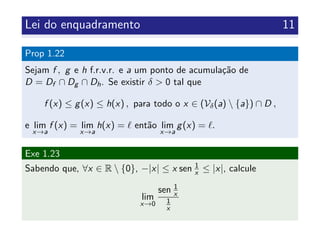 Lei do enquadramento 11
Prop 1.22
Sejam f , g e h f.r.v.r. e a um ponto de acumula¸c˜ao de
D = Df ∩ Dg ∩ Dh. Se existir δ > 0 tal que
f (x) ≤ g(x) ≤ h(x) , para todo o x ∈ (Vδ(a)  {a}) ∩ D ,
e lim
x→a
f (x) = lim
x→a
h(x) = ent˜ao lim
x→a
g(x) = .
Exe 1.23
Sabendo que, ∀x ∈ R  {0}, −|x| ≤ x sen 1
x ≤ |x|, calcule
lim
x→0
sen 1
x
1
x
 