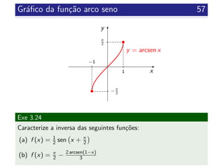 Gr´aﬁco da fun¸c˜ao arco seno 57
x
y
•
1
π
2
•
−1
−π
2
y = arcsen x
Exe 3.24
Caracterize a inversa das seguintes fun¸c˜oes:
(a) f (x) = 1
2 sen x + π
2
(b) f (x) = π
2 − 2 arcsen(1−x)
3
 