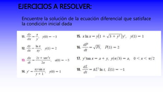 EJERCICIOS A RESOLVER:
Encuentre la solución de la ecuación diferencial que satisface
la condición inicial dada
 