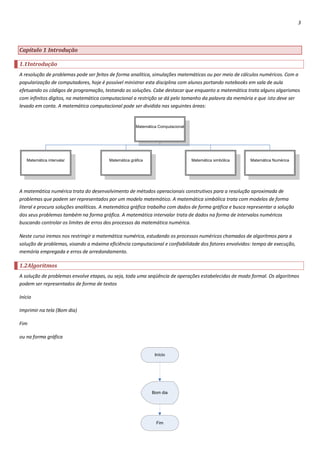 3




Capítulo 1 Introdução

1.1Introdução
A resolução de problemas pode ser feitos de forma analítica, simulações matemáticas ou por meio de cálculos numéricos. Com a
popularização de computadores, hoje é possível ministrar esta disciplina com alunos portando notebooks em sala de aula
efetuando os códigos de programação, testando as soluções. Cabe destacar que enquanto a matemática trata alguns algarismos
com infinitos dígitos, na matemática computacional a restrição se dá pelo tamanho da palavra da memória e que isto deve ser
levado em conta. A matemática computacional pode ser dividida nas seguintes áreas:


                                                      Matemática Computacional




   Matemática intervalar                Matemática gráfica                       Matemática simbólica    Matemática Numérica




A matemática numérica trata do desenvolvimento de métodos operacionais construtivos para a resolução aproximada de
problemas que podem ser representados por um modelo matemático. A matemática simbólica trata com modelos de forma
literal e procura soluções analíticas. A matemática gráfica trabalha com dados de forma gráfica e busca representar a solução
dos seus problemas também na forma gráfica. A matemática intervalar trata de dados na forma de intervalos numéricos
buscando controlar os limites de erros dos processos da matemática numérica.

Neste curso iremos nos restringir a matemática numérica, estudando os processos numéricos chamados de algoritmos para a
solução de problemas, visando a máxima eficiência computacional e confiabilidade dos fatores envolvidos: tempo de execução,
memória empregada e erros de arredondamento.

1.2Algoritmos
A solução de problemas envolve etapas, ou seja, toda uma seqüência de operações estabelecidas de modo formal. Os algoritmos
podem ser representados de forma de textos

Início

Imprimir na tela (Bom dia)

Fim

ou na forma gráfica


                                                               Início




                                                              Bom dia




                                                                Fim
 