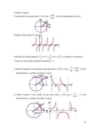 A função Tangente
                                                   senx
É uma função tal que para todo x f  x   tgx          . No ciclo trigonométrico tem-se:
                                                   cos x




O gráfico dessa função é o seguinte:




                                                        
O domínio da função tangente é  x  R : x   k , k  Z  e a imagem é o conjunto R.
                                           2             
Trata-se de uma função periódica de período p = .


                                                                             1 cos x
A função Cotangente é uma função tal que para todo x f  x   cot gx              . O ciclo
                                                                            tgx senx
  trigonométrico e o gráfico são dados a seguir:




                                                                                  1
A função Secante é uma função tal que para todo x f  x   sec x                    . O ciclo
                                                                                cos x
  trigonométrico e o gráfico são dados a seguir:




                                                                                             11
 