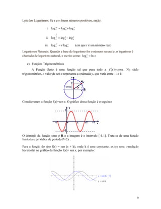 Leis dos Logaritmos: Se x e y forem números positivos, então:

                         xy      x       y
                  i. log a  log a  log a
                          x
                          y     x       y
                  ii. log  log a  log a
                          a

                          r
                          x         x
                 iii. log a  r log a        (em que r é um número real)
Logaritmos Naturais: Quando a base do logaritmo for o número natural e, o logaritmo é
                                                  x
chamado de logaritmo natural, e escrito como: log e  ln x

   e) Funções Trigonométricas
       A Função Seno é uma função tal que para todo x f  x   senx . No ciclo
trigonométrico, o valor de sen x representa a ordenada y, que varia entre -1 e 1:




Consideremos a função f(x)=sen x. O gráfico dessa função é o seguinte




O domínio da função seno é R e a imagem é o intervalo [-1,1]. Trata-se de uma função
limitada e periódica de período P=2π .

Para a função do tipo f(x) = sen (x + k), onde k é uma constante, existe uma translação
horizontal no gráfico da função f(x)= sen x, por exemplo:




                                                                                        9
 