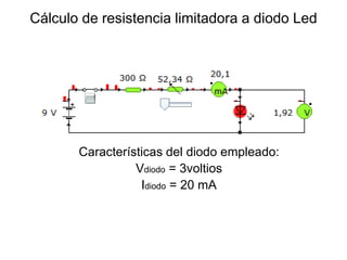Cálculo de resistencia limitadora a diodo Led
Características del diodo empleado:
Vdiodo = 3voltios
Idiodo = 20 mA
 