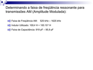 Determinando a faixa de freqüência ressonante para transmissões AM (Amplitude Modulada):  Faixa de Freqüência AM:  525 kHz – 1625 kHz  Indutor Utilizado: 100  H = 100.10 -6  H Faixa de Capacitância: 919 pF – 95,9 pF  