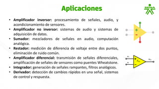 • Amplificador inversor: procesamiento de señales, audio, y
acondicionamiento de sensores.
• Amplificador no inversor: sistemas de audio y sistemas de
adquisición de datos.
• Sumador: mezcladores de señales en audio, computación
analógica.
• Restador: medición de diferencia de voltaje entre dos puntos,
eliminación de ruido común.
• Amplificador diferencial: transmisión de señales diferenciales,
amplificación de señales de sensores como puentes Wheatstone.
• Integrador: generación de señales rampantes, filtros analógicos.
• Derivador: detección de cambios rápidos en una señal, sistemas
de control y respuesta.
Aplicaciones
 