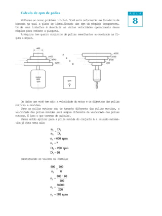 Cálculo de rpm de polias                                                     A U L A

    Voltemos ao nosso problema inicial. Você está reformando uma furadeira de
bancada na qual a placa de identificação das rpm da máquina desapareceu.          8
Um de seus trabalhos é descobrir as várias velocidades operacionais dessa
máquina para refazer a plaqueta.
    A máquina tem quatro conjuntos de polias semelhantes ao mostrado na fi-
gura a seguir.


               ø60

                                                                          ø200
                                    A
                        ø100                                            ø150
                                        B
                           ø140                                       ø100
                                             C
                             ø200                                   ø60
                                                  D




               motor
                600
                rpm                         rpm

                                            ?


    Os dados que você tem são: a velocidade do motor e os diâmetros das polias
motoras e movidas.
    Como as polias motoras são de tamanho diferente das polias movidas, a
velocidade das polias movidas será sempre diferente da velocidade das polias
motoras. É isso o que teremos de calcular.
    Vamos então aplicar para a polia movida do conjunto A a relação matemá-
tc j vsansaal:
 ia á it et ua

                          n1 D 2
                             =
                          n 2 D1
                          n1 = 600 rpm
                          n2 = ?
                          D 2 = 200 rpm
                          D1 = 60

    Substituindo os valores na fórmula:

                          600 200
                             =
                          n2   6
                               600 ´ 60
                          n2 =
                                 200
                               36000
                          n2 =
                                200
                          n 2 = 180 rpm
 