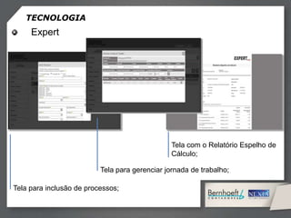 TECNOLOGIA
Expert
Tela para inclusão de processos;
Tela para gerenciar jornada de trabalho;
Tela com o Relatório Espelho de
Cálculo;
 