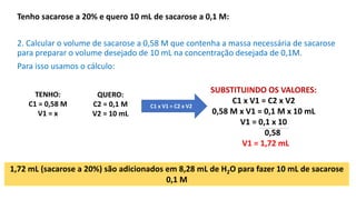 Tenho sacarose a 20% e quero 10 mL de sacarose a 0,1 M:
2. Calcular o volume de sacarose a 0,58 M que contenha a massa necessária de sacarose
para preparar o volume desejado de 10 mL na concentração desejada de 0,1M.
Para isso usamos o cálculo:
1,72 mL (sacarose a 20%) são adicionados em 8,28 mL de H2O para fazer 10 mL de sacarose
0,1 M
QUERO:
C2 = 0,1 M
V2 = 10 mL
TENHO:
C1 = 0,58 M
V1 = x
SUBSTITUINDO OS VALORES:
C1 x V1 = C2 x V2
0,58 M x V1 = 0,1 M x 10 mL
V1 = 0,1 x 10
0,58
V1 = 1,72 mL
C1 x V1 = C2 x V2
 