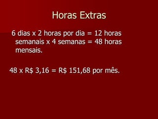 Horas Extras 
6 dias x 2 horas por dia = 12 horas 
semanais x 4 semanas = 48 horas 
mensais. 
48 x R$ 3,16 = R$ 151,68 por mês. 
 