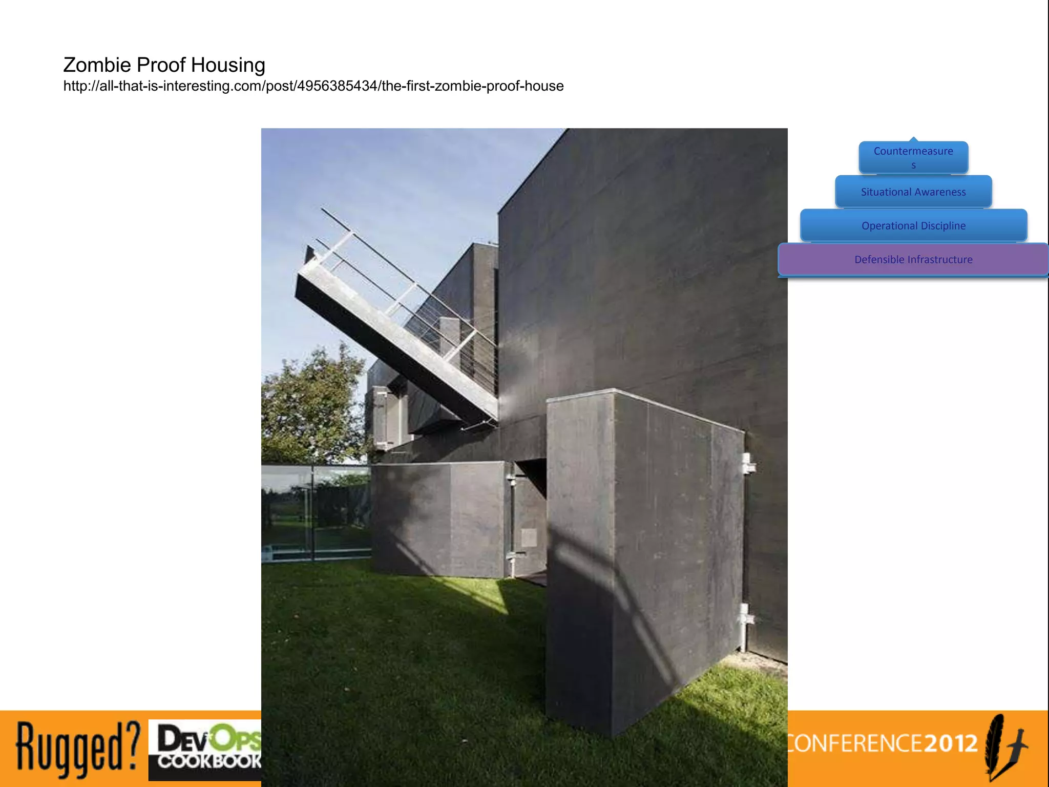 Zombie Proof Housing
http://all-that-is-interesting.com/post/4956385434/the-first-zombie-proof-house



                                                                                      Countermeasure
                                                                                             s

                                                                                   Situational Awareness

                                                                                   Operational Discipline

                                                                                  Defensible Infrastructure
 