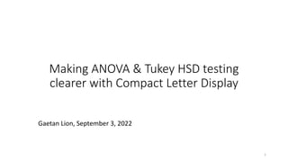 Making ANOVA & Tukey HSD testing
clearer with Compact Letter Display
Gaetan Lion, September 3, 2022
1
 