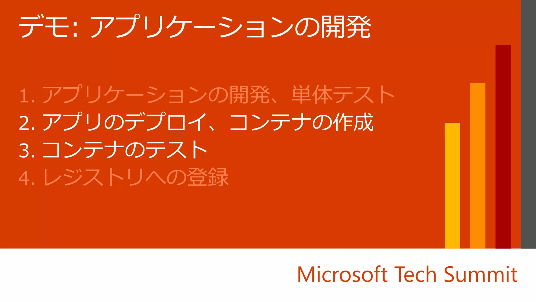 Microsoft Tech Summit
1. アプリケーションの開発、単体テスト
2. アプリのデプロイ、コンテナの作成
3. コンテナのテスト
4. レジストリへの登録
 