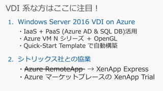 1. Windows Server 2016 VDI on Azure
・IaaS + PaaS (Azure AD & SQL DB)活用
・Azure VM N シリーズ ＋ OpenGL
・Quick-Start Template で自動構築
2. シトリックス社との協業
・Azure RemoteApp → XenApp Express
・Azure マーケットプレースの XenApp Trial
 
