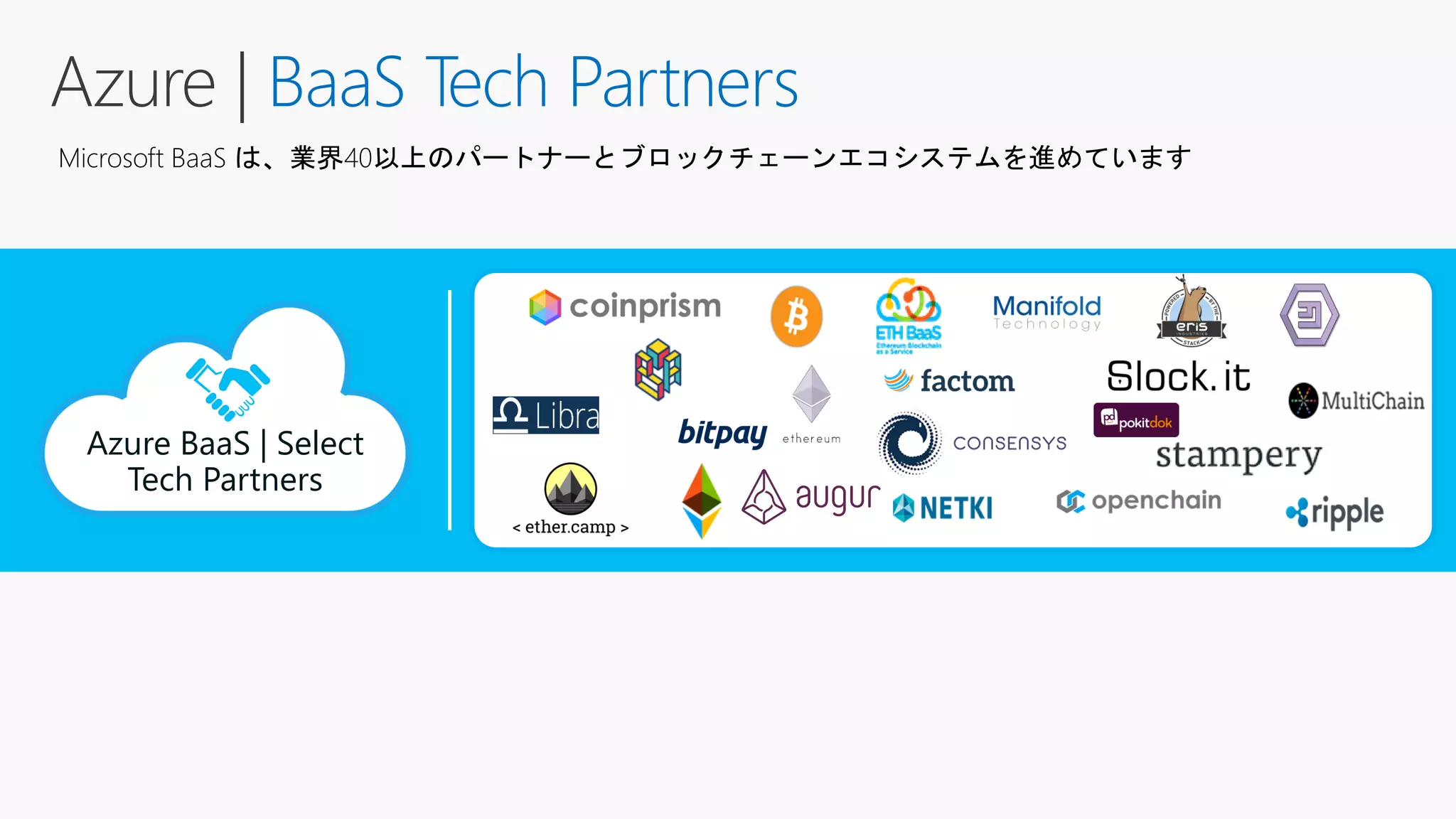 Azure | BaaS Tech Partners
Microsoft BaaS は、業界40以上のパートナーとブロックチェーンエコシステムを進めています
Azure BaaS | Select
Tech Partners
 