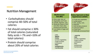Nutrition Management
• Carbohydrates should
comprise 40–50% of total
calories
• Fat should comprise ≤ 30%
of total calories (saturated
fatty acids > 7% and <10% of
total calories)
• Protein should comprise
about 20% of total calories
https://www.ncbi.nlm.nih.gov/books/NBK554597/
https://doi.org/10.1111/liv.14360 19
 