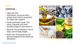 Continue...
• Milk and milk
alternatives: Consume whey
protein from milk or soy protein
for vegan liver support.
• Seeds: Sunflower seeds, chia
seeds, flaxseeds and more
provide omega-3s and vitamin E.
• Olive oil: This antioxidant- rich oil
helps control body weight.
• Green Tea: Drink green tea for
general longevity and to block fat
absorption
https://doi.org/10.1186/s12876-
21
 