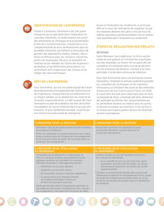 identification de L’entRePRise                                Quant à l’évaluation du rendement, le principal
                                                              défi est le souci de l’entreprise de respecter ce que
Située à Lachenaie, Solumation est une jeune                  les employés désirent (les gens n’ont pas tous les
entreprise qui se spécialise dans l’intégration en            mêmes aspirations professionnelles) tout en demeu­
contrôles industriels, la modernisation des procé­            rant équitable dans l’évaluation du rendement.
dés alimentaires et chimiques et la programmation
d’interface homme­machine. L’expérience et la
complémentarité de leurs professionnels dans les              étaPes de RéaLisation des PRoJets
procédés industriels, permettent à Solumation de
                                                              dotation
garantir des applications stables, simples, sécuri­
taires et effi caces pour les secteurs industriels,           Selon Monsieur Guy Lespérance, la clé du succès
publics et municipaux. De plus, le président de               réside en une gestion où l’on favorise la participa­
l’entreprise est membre de l’Ordre des Ingénieurs             tion des employés. Le moyen mis en place afin de
du Québec et de différentes associations, lui                 considérer les employés dans la prise de décision
permettant ainsi d’approuver des travaux et de                lors du processus de dotation, consiste à les faire
rédiger des devis techniques.                                 participer à la dernière entrevue de sélection.

                                                              Pour bien fonctionner dans une entreprise comme
défi de L’entRePRise                                          Solumation, l’employé ne doit pas seulement posséder
                                                              les compétences techniques et les habiletés
Pour Solumation, qui est une petite équipe de travail         nécessaires à l’utilisation des outils et des méthodes
(8 professionnels principalement des techniciens et           d’exécution de son travail (savoir­faire). En effet,
des ingénieurs), chaque individu est important et a           le savoir­être est tout aussi important pour en faire
un impact notable sur la satisfaction du client et les        un employé de choix. L’employé doit donc démontrer
résultats organisationnels. Le défi auquel fait face          des aptitudes et afficher des comportements qui
l’entreprise au plan de la dotation est donc de faciliter     lui permettent d’entrer en relation avec les autres
l’acceptation du nouvel employé dans le groupe afin           et de bien accomplir ses fonctions. C’est surtout à
d’assurer, le plus rapidement possible, sa participa­         ce niveau que la participation de tous les employés
tion active à la productivité de l’entreprise.                devient avantageuse.



À PRescRiRe PoUR La dotation                                 À PRoscRiRe PoUR La dotation
• Demander l’avis du personnel permet de tirer le meilleur   • Ne pas faire participer les employés à la prise
  du processus d’embauche                                      de certaines décisions, surtout celles qui les
• Offrir aux employés un moyen d’exprimer leurs idées          concernent directement.
  et leurs opinions permet d’augmenter leur engagement
  et ce sera plus facile de lancer de nouvelles idées ou
  d’amorcer des changements.


À PRescRiRe PoUR L’éVaLUation                                À PRoscRiRe PoUR L’éVaLUation
dU Rendement                                                 dU Rendement
• L’évaluation du rendement d’un employé doit se             • Omettre de faire un suivi de l’entente conclue lors
  faire sur une base continue, pas seulement sur les           de la rencontre individuelle.
  quelques semaines qui précèdent la rencontre                  — Il est conseillé de faire ce suivi trois mois après
  officielle d’évaluation. Cette approche permet :                la première rencontre afin de valider les actions
    — d’effectuer un suivi plus efficace;                         entreprises et d’examiner les besoins de soutien
    — d’apporter les correctifs requis;                           supplémentaires

    — de reconnaître les bons coups plus rapidement;         • Terminer la rencontre individuelle sans conclure par
                                                               l’élaboration d’objectifs et d’engagements écrits, autant
    — au gestionnaire et à l’employé d’établir                 de la part de l’employé que du superviseur, en ce qui
      une relation d’échanges continus et                      concerne les mesures de soutien mises à la disposition
      d’éviter les mauvaises surprises.                        de l’employé.
• L’échange doit permettre à l’employé de participer et
  de collaborer activement à la démarche. Pour susciter
  son engagement, il est important d’écouter ses idées.
 