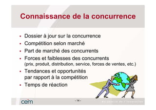 Connaissance de la concurrence

 Dossier à jour sur la concurrence
 Compétition selon marché
 Part de marché des concurrents
 Forces et faiblesses des concurrents
 (prix, produit, distribution, service, forces de ventes, etc.)
 Tendances et opportunités
 par rapport à la compétition
 Temps de réaction

                             - 14 -
 