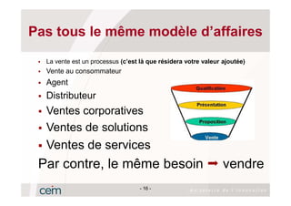 Pas tous le même modèle d’affaires
  La vente est un processus (c’est là que résidera votre valeur ajoutée)
  Vente au consommateur
  Agent
  Distributeur
  Ventes corporatives
  Ventes de solutions
  Ventes de services
 Par contre, le même besoin                                     vendre
                                  - 16 -
 