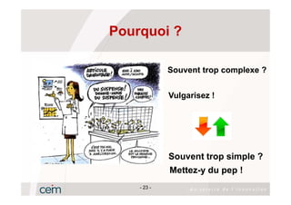 Pourquoi ?

             Souvent trop complexe ?


             Vulgarisez !




             Souvent trop simple ?
             Mettez-y du pep !
    - 23 -
 