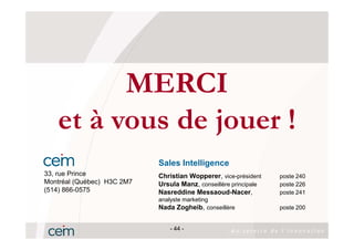 MERCI
   et à vous de jouer !
                            Sales Intelligence
33, rue Prince              Christian Wopperer, vice-président    poste 240
Montréal (Québec) H3C 2M7   Ursula Manz, conseillère principale   poste 226
(514) 866-0575              Nasreddine Messaoud-Nacer,            poste 241
                            analyste marketing
                            Nada Zogheib, conseillère             poste 200


                               - 44 -
 