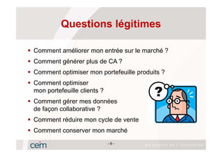 Questions légitimes

Comment améliorer mon entrée sur le marché ?
Comment générer plus de CA ?
Comment optimiser mon portefeuille produits ?
Comment optimiser
mon portefeuille clients ?
Comment gérer mes données
de façon collaborative ?
Comment réduire mon cycle de vente
Comment conserver mon marché
                             -9-
 