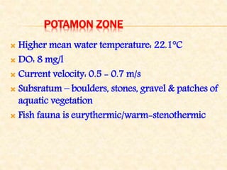 POTAMON ZONE
 Higher mean water temperature: 22.1°C
 DO: 8 mg/l
 Current velocity: 0.5 - 0.7 m/s
 Subsratum – boulders, stones, gravel & patches of
aquatic vegetation
 Fish fauna is eurythermic/warm-stenothermic
 