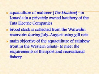  aquaculture of mahseer (Tor khudree) –in
Lonavla in a privately owned hatchery of the
Tata Electric Companies
 brood stock is collected from the Walwahn
reservoirs during July-August using gill nets
 main objective of the aquaculture of rainbow
trout in the Western Ghats- to meet the
requirements of the sport and recreational
fishery
 