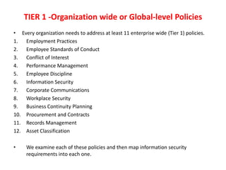 TIER 1 -Organization wide or Global-level Policies
• Every organization needs to address at least 11 enterprise wide (Tier 1) policies.
1. Employment Practices
2. Employee Standards of Conduct
3. Conflict of Interest
4. Performance Management
5. Employee Discipline
6. Information Security
7. Corporate Communications
8. Workplace Security
9. Business Continuity Planning
10. Procurement and Contracts
11. Records Management
12. Asset Classification
• We examine each of these policies and then map information security
requirements into each one.
 