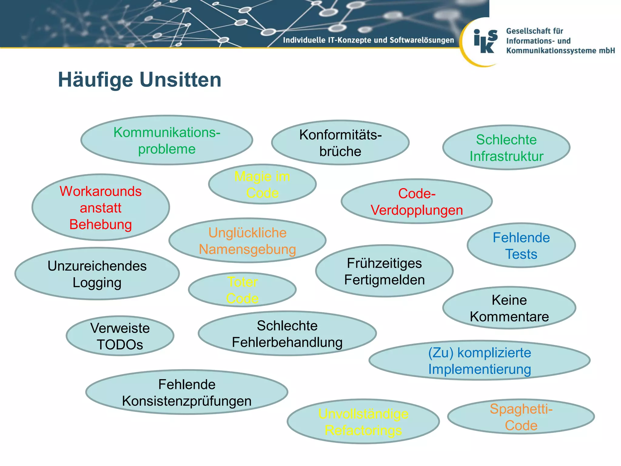 Häufige Unsitten

         Kommunikations-               Konformitäts-                Schlechte
            probleme                     brüche                    Infrastruktur
                            Magie im
 Workarounds                 Code                     Code-
   anstatt                                        Verdopplungen
  Behebung
                      Unglückliche                                     Fehlende
                     Namensgebung                                        Tests
Unzureichendes                                Frühzeitiges
   Logging                 Toter              Fertigmelden
                           Code                                      Keine
                                                                   Kommentare
      Verweiste               Schlechte
       TODOs               Fehlerbehandlung
                                                             (Zu) komplizierte
                                                             Implementierung
               Fehlende
          Konsistenzprüfungen
                                         Unvollständige                Spaghetti-
                                          Refactorings                   Code
 